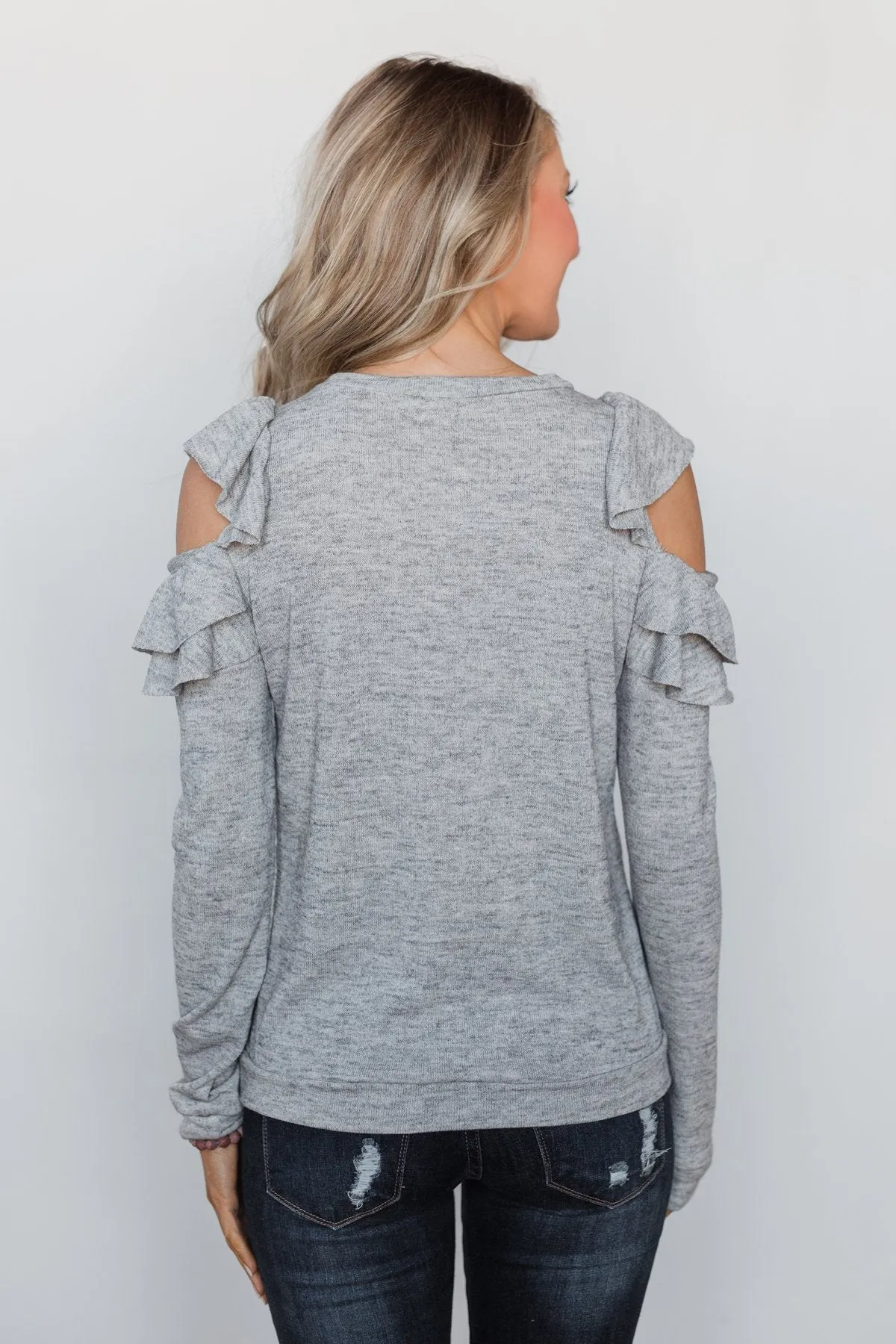 A New Hello Ruffle Cold Shoulder Top- Heather Grey