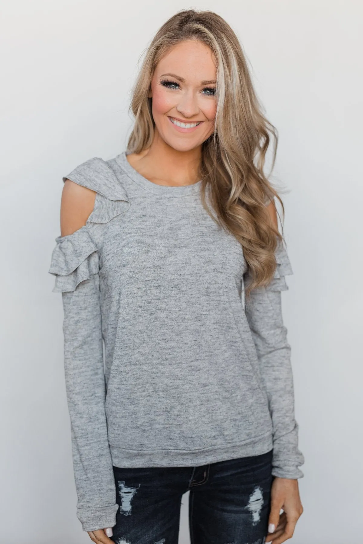 A New Hello Ruffle Cold Shoulder Top- Heather Grey