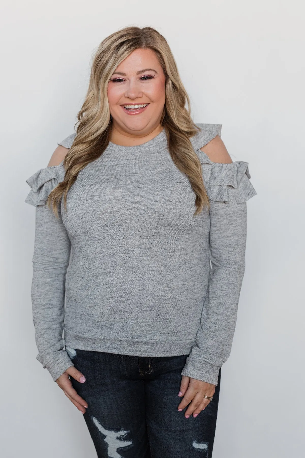 A New Hello Ruffle Cold Shoulder Top- Heather Grey