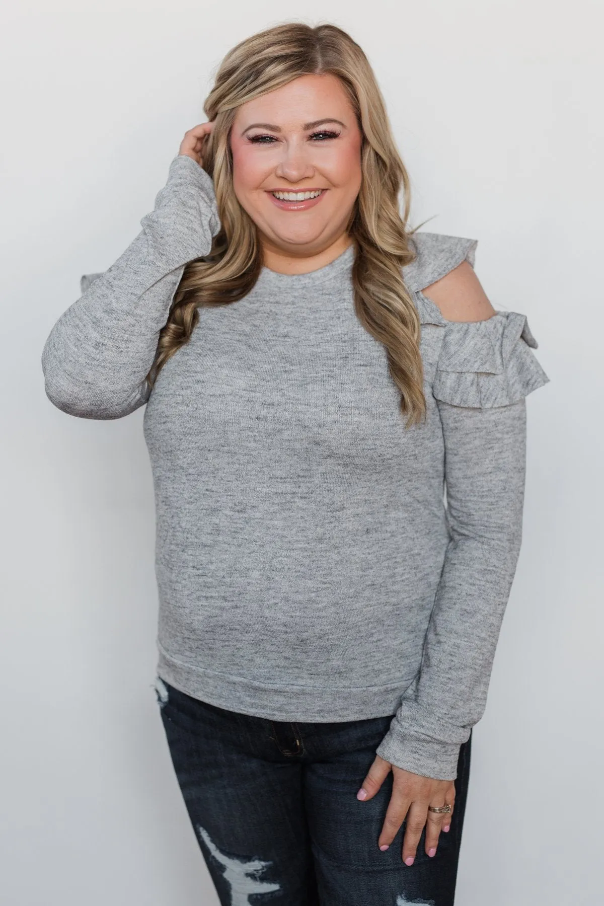 A New Hello Ruffle Cold Shoulder Top- Heather Grey