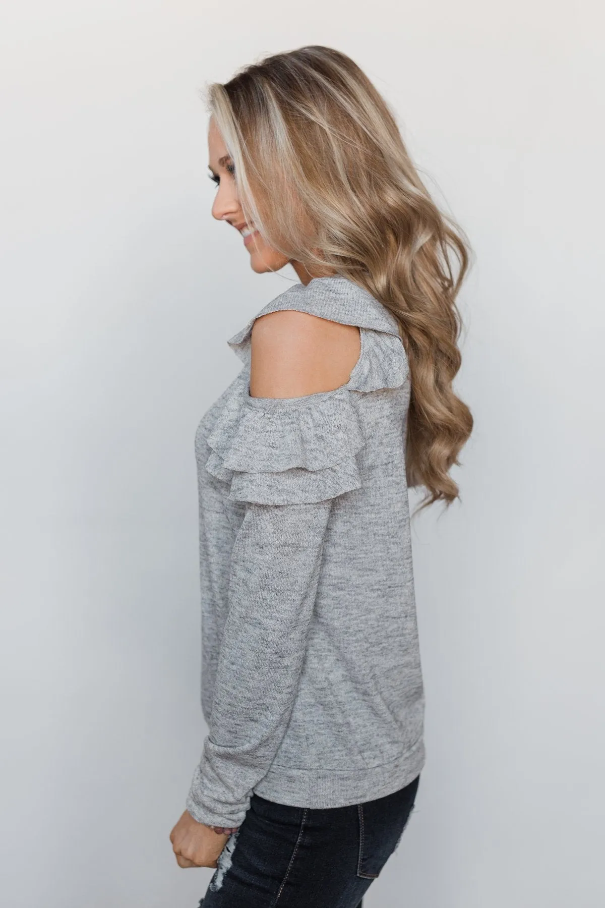 A New Hello Ruffle Cold Shoulder Top- Heather Grey