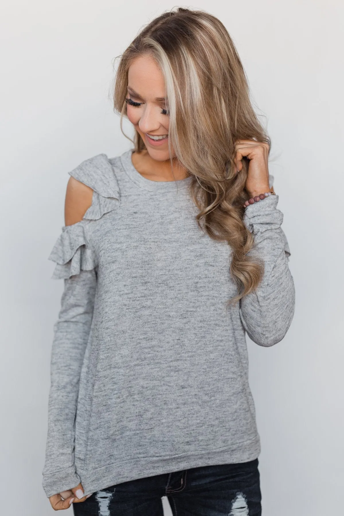 A New Hello Ruffle Cold Shoulder Top- Heather Grey