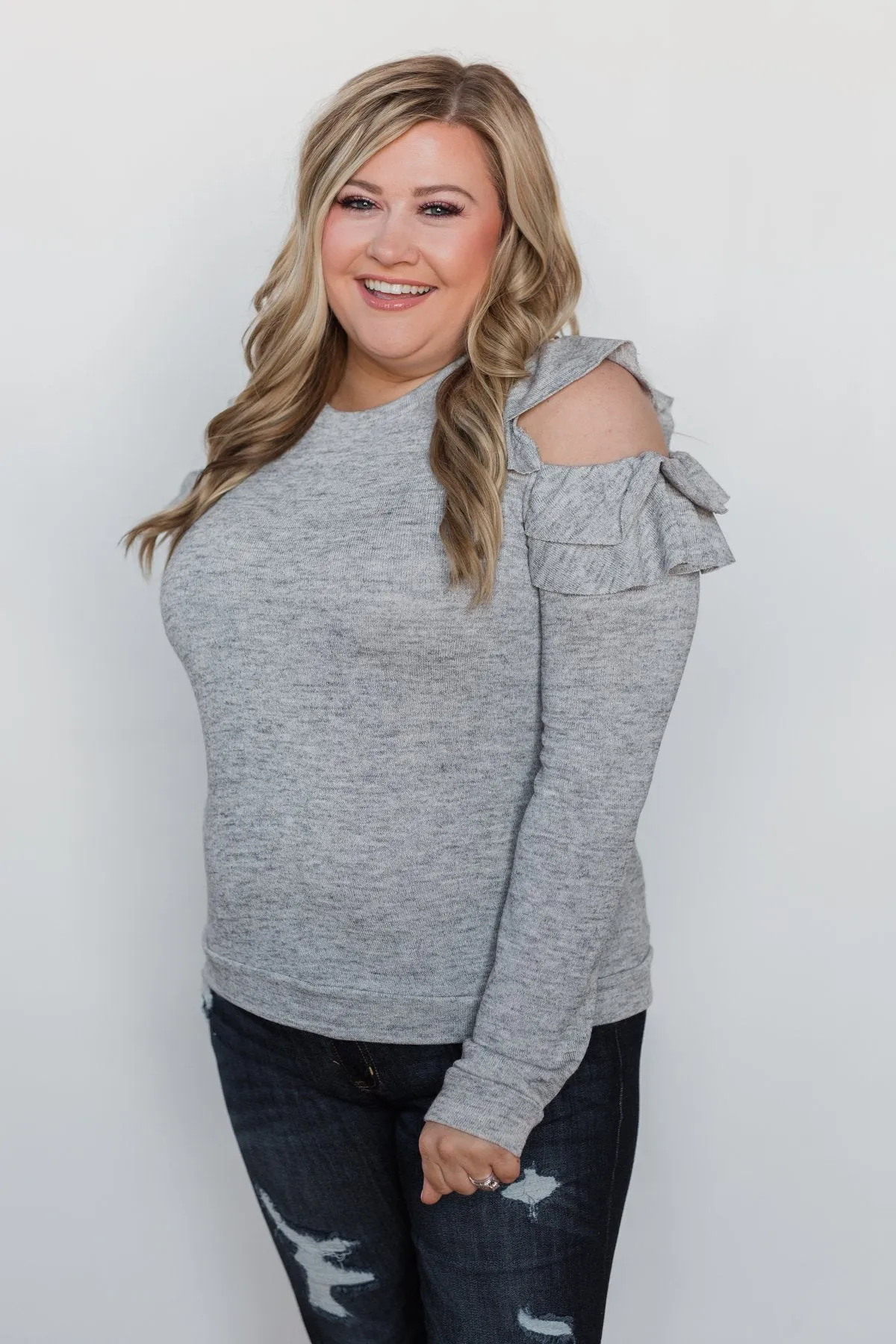 A New Hello Ruffle Cold Shoulder Top- Heather Grey