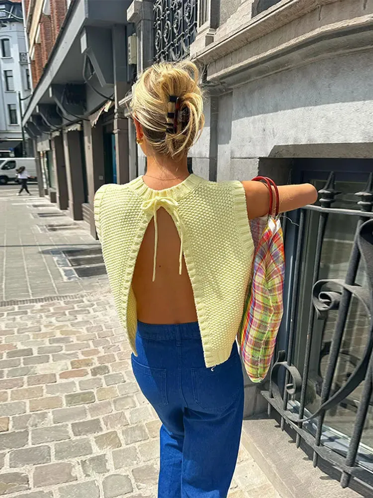 A&A Yellow Lace Up Spring Sleeveless Backless Knit Top