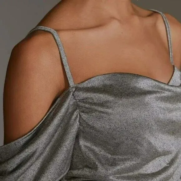 Anthropologie Women's Metallic Cowl Drape Neck Off The Shoulder Blouse Top