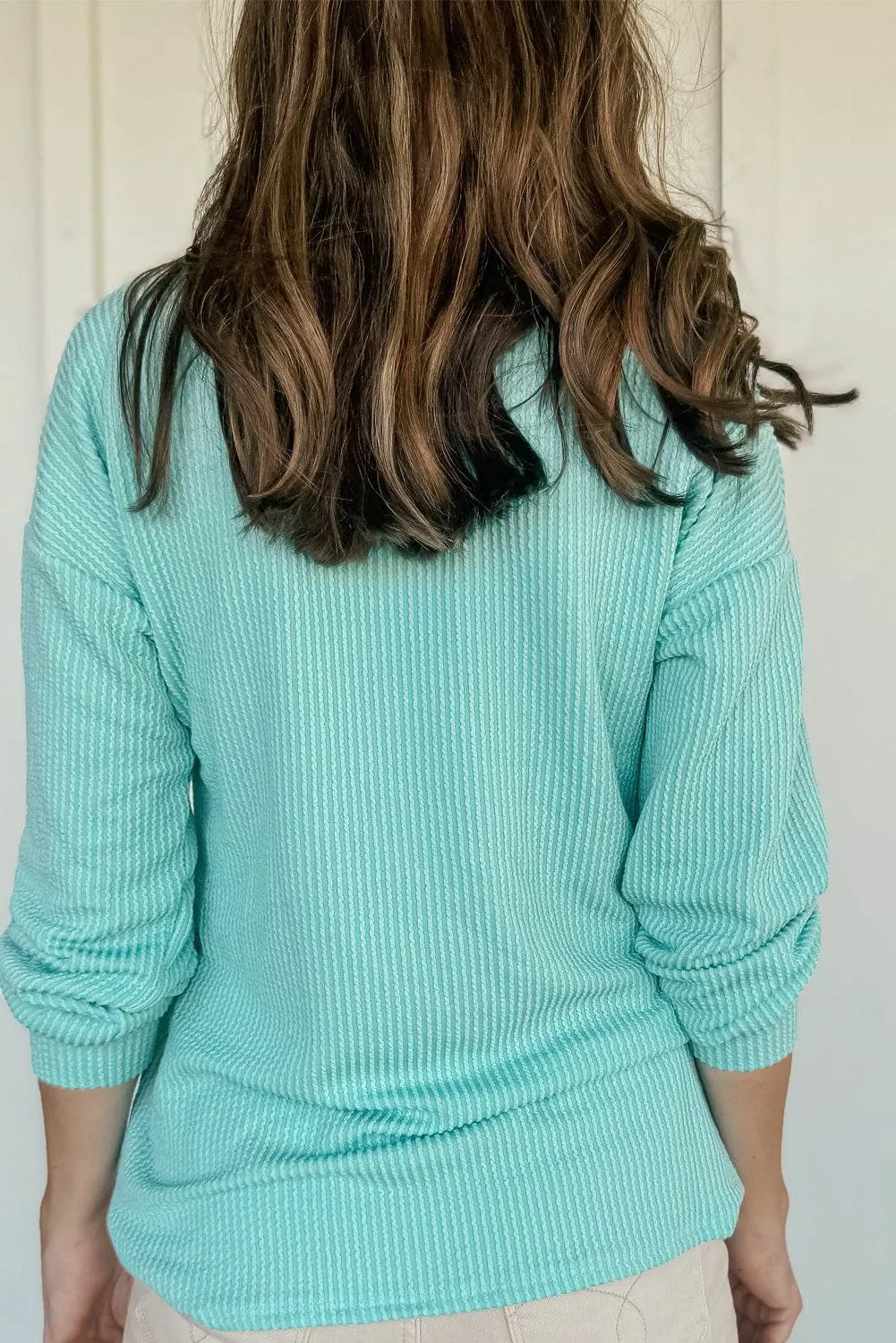 Aruba Blue Solid Color Corded Knit Round Neck Top