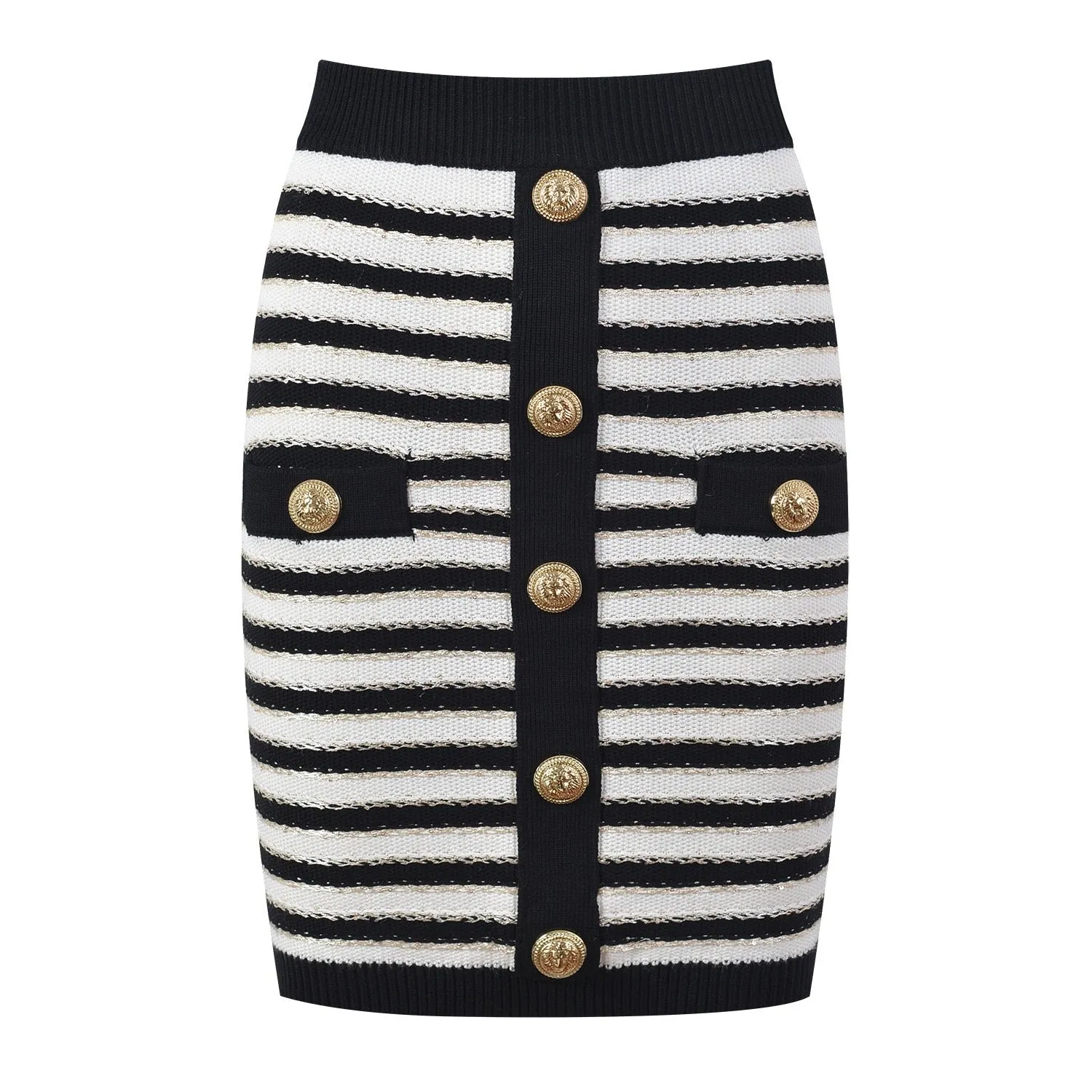 Ashore Boutique Lt Luxury Stylish O-neck Casual Short Sleeve Striped Gold Thread Knitted Sweater Skinny 2PCS Skirt Sets