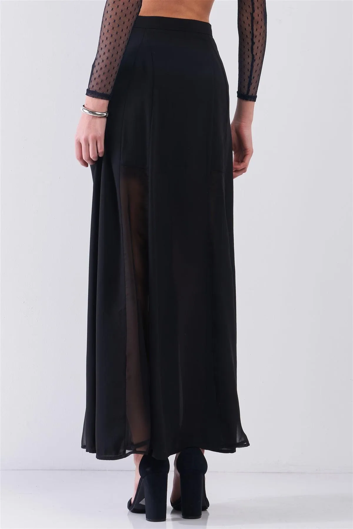 Black Combo Sheer Mesh Cut-Ins High Waist Maxi Skirt /1-2-2-1