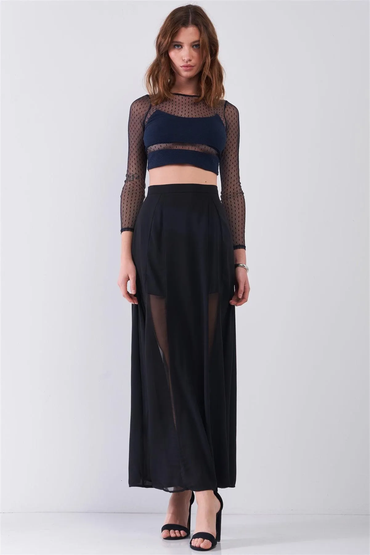 Black Combo Sheer Mesh Cut-Ins High Waist Maxi Skirt /1-2-2-1