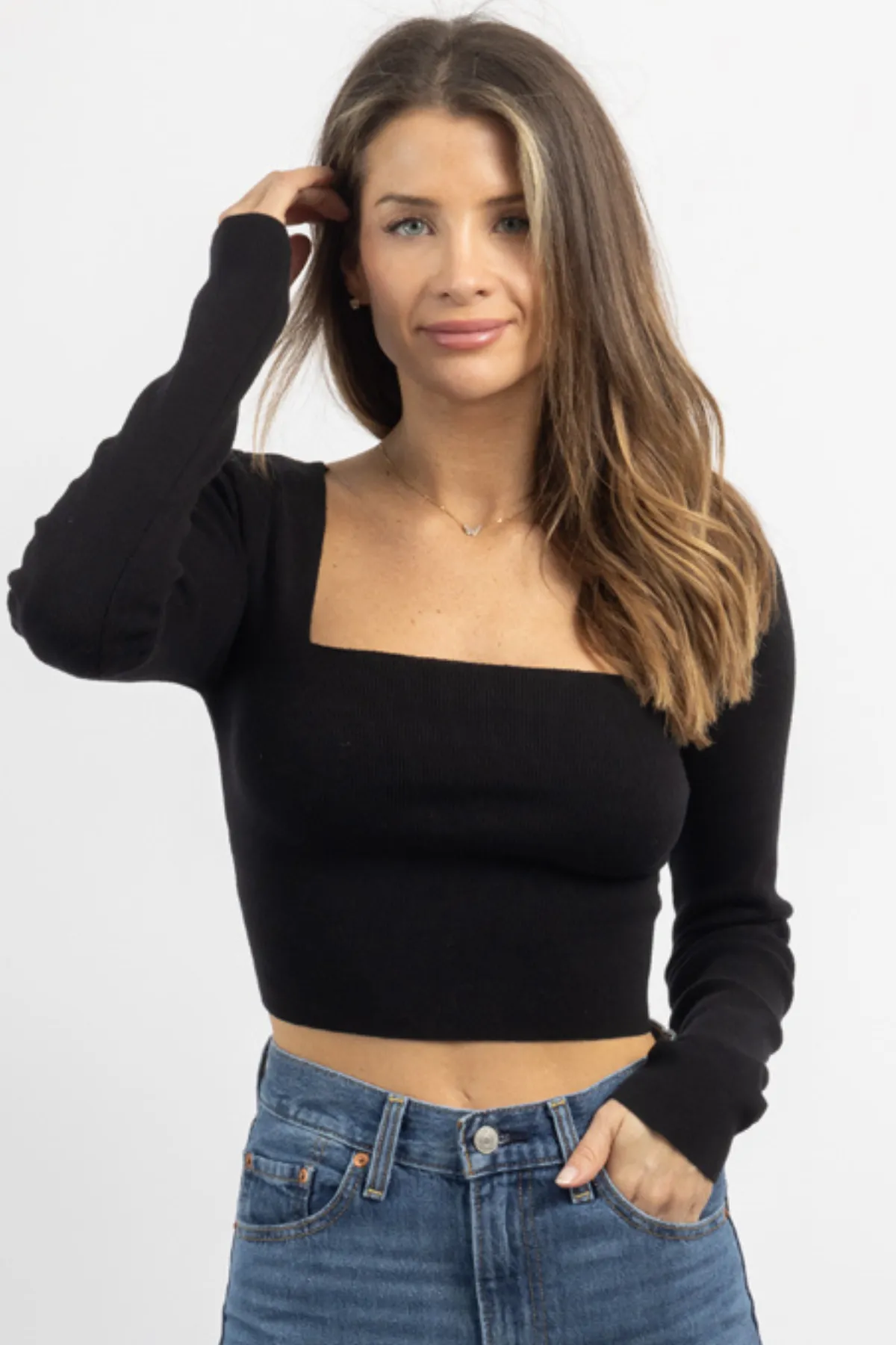 BLACK LONGSLEEVE KNIT TIE-BACK TOP