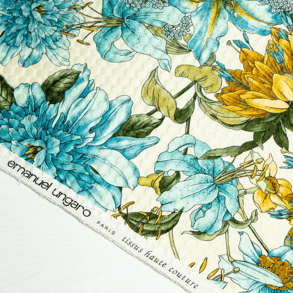 Blue & Mustard Yellow Floral Printed Ivory Cloqué