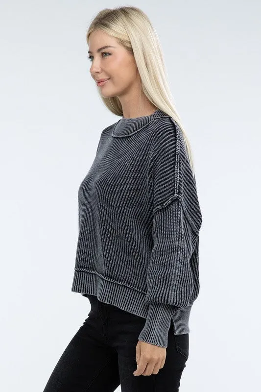 Bohemian Washed Side Slit Oversized Cropped Sweater