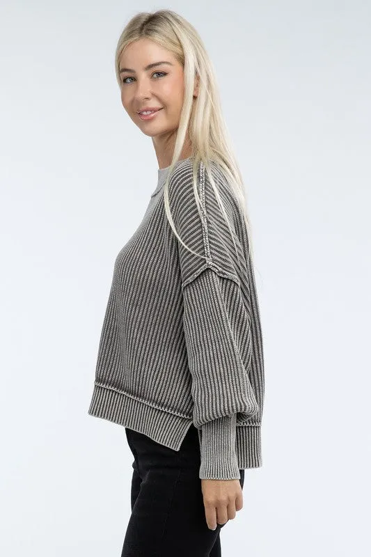 Bohemian Washed Side Slit Oversized Cropped Sweater