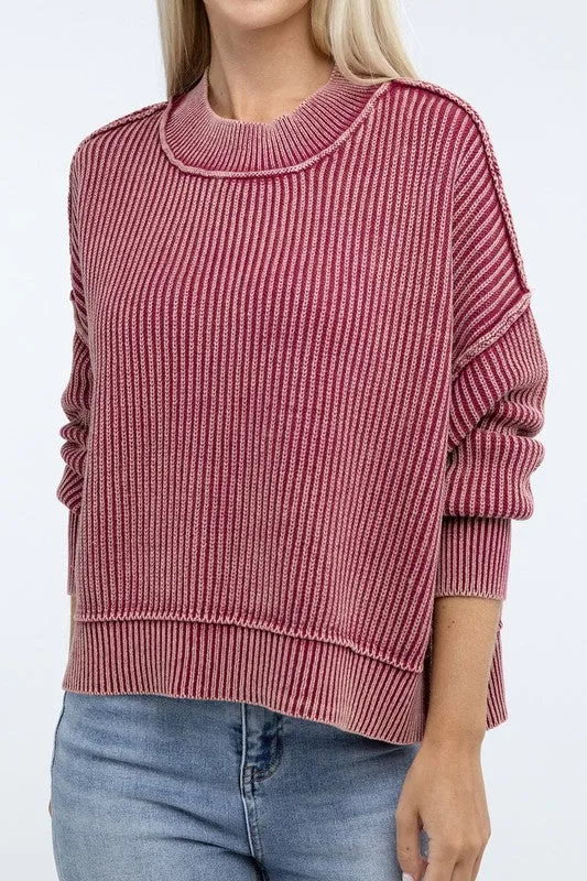 Bohemian Washed Side Slit Oversized Cropped Sweater