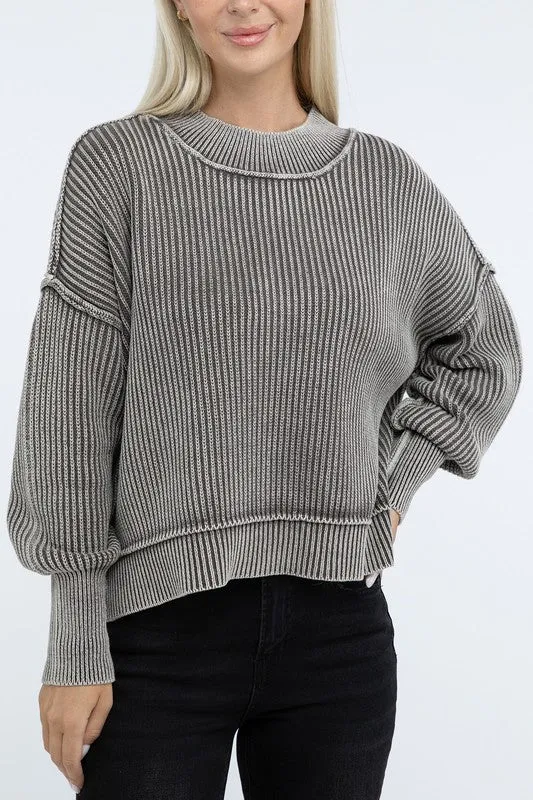 Bohemian Washed Side Slit Oversized Cropped Sweater