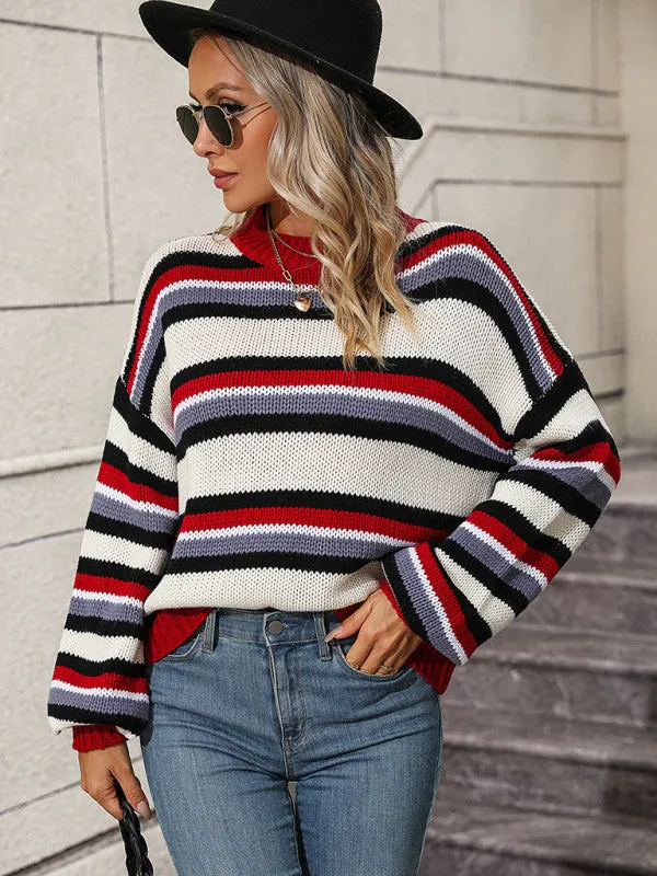 Boho Dropped Shoulder Crewneck Knit Striped Sweater