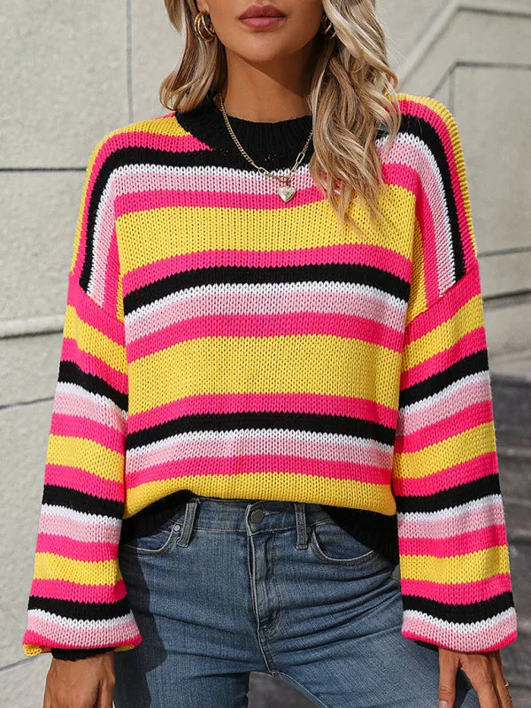 Boho Dropped Shoulder Crewneck Knit Striped Sweater