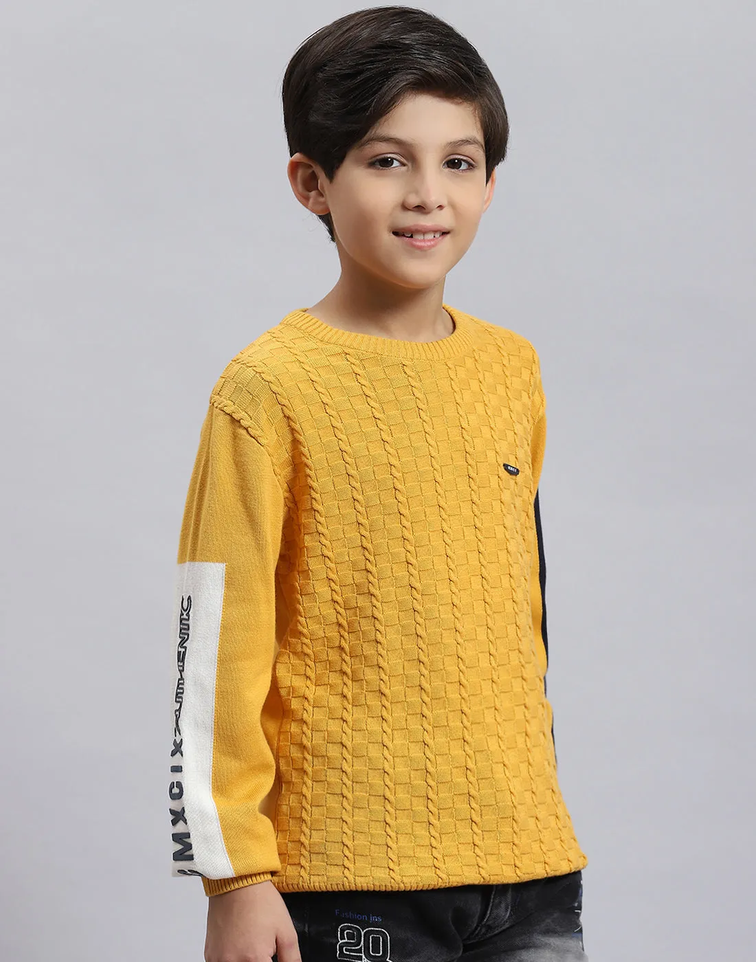 Boys Mustard Self Design Round Neck Full Sleeve Sweater