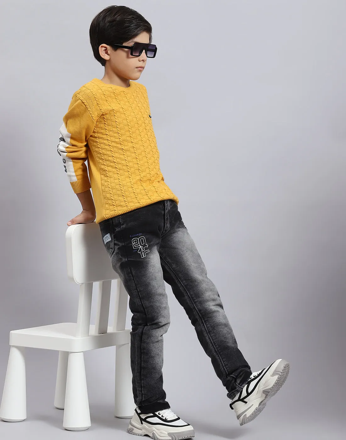 Boys Mustard Self Design Round Neck Full Sleeve Sweater