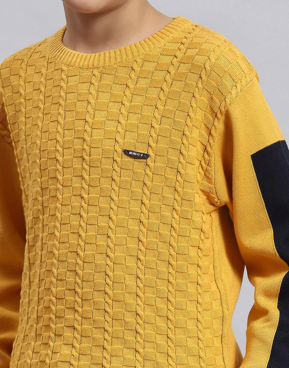 Boys Mustard Self Design Round Neck Full Sleeve Sweater