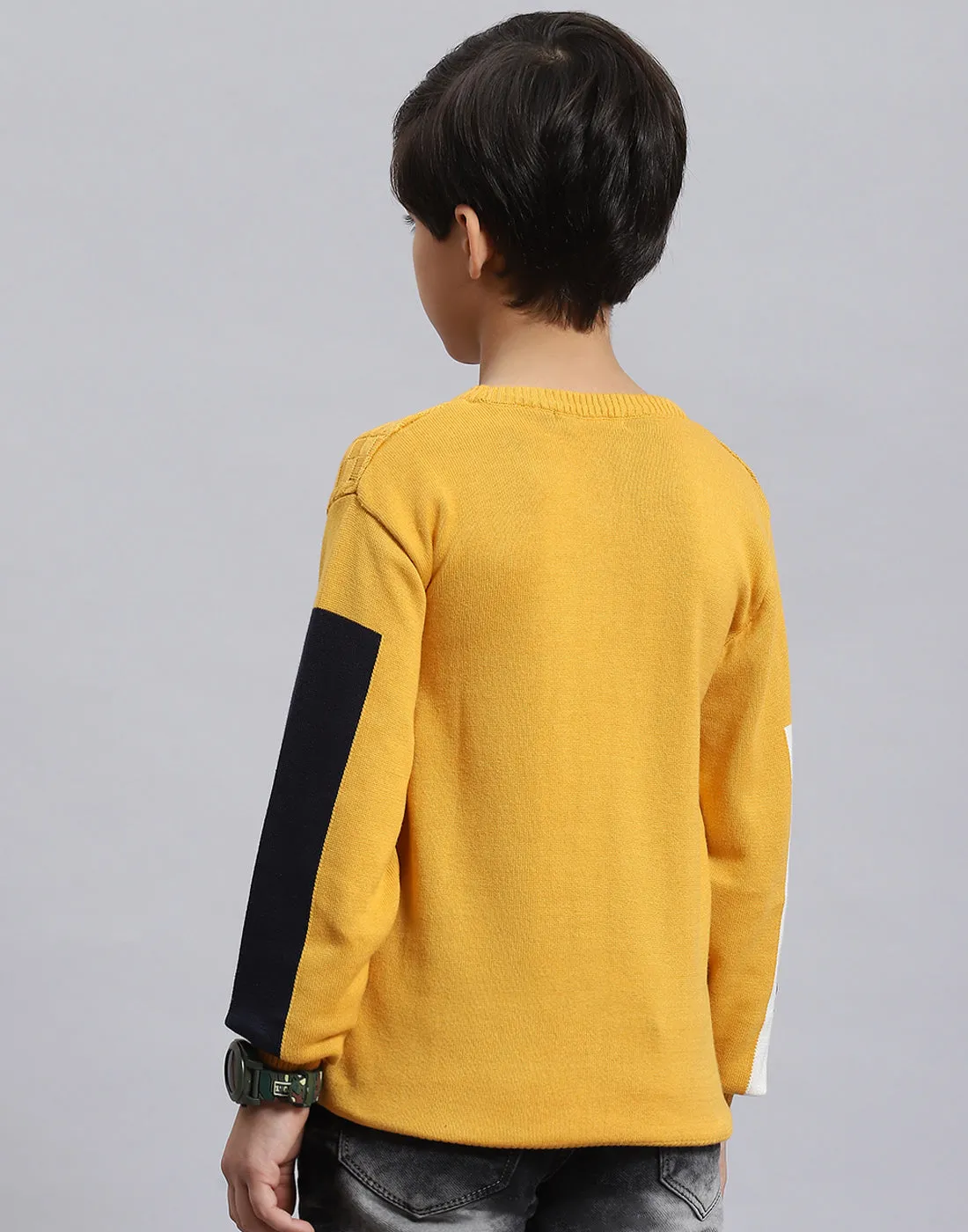 Boys Mustard Self Design Round Neck Full Sleeve Sweater