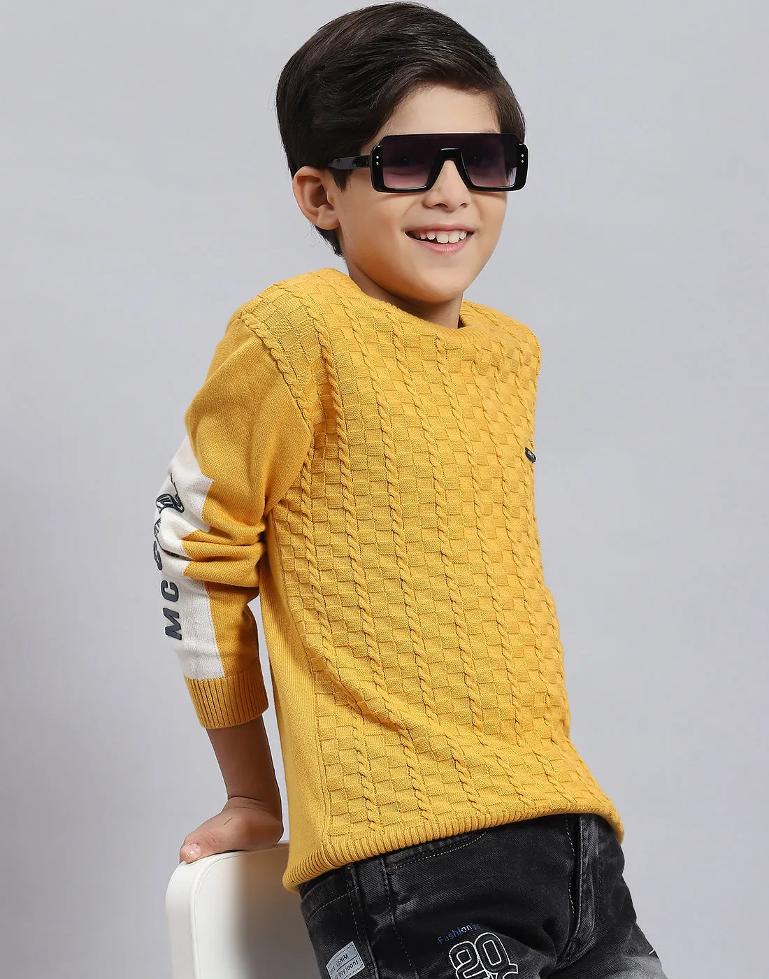 Boys Mustard Self Design Round Neck Full Sleeve Sweater