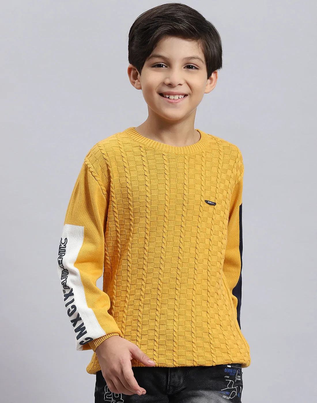 Boys Mustard Self Design Round Neck Full Sleeve Sweater