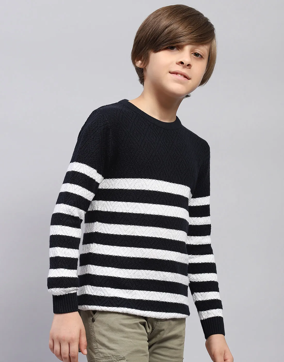 Boys Navy Blue Stripe Round Neck Full Sleeve Pullover