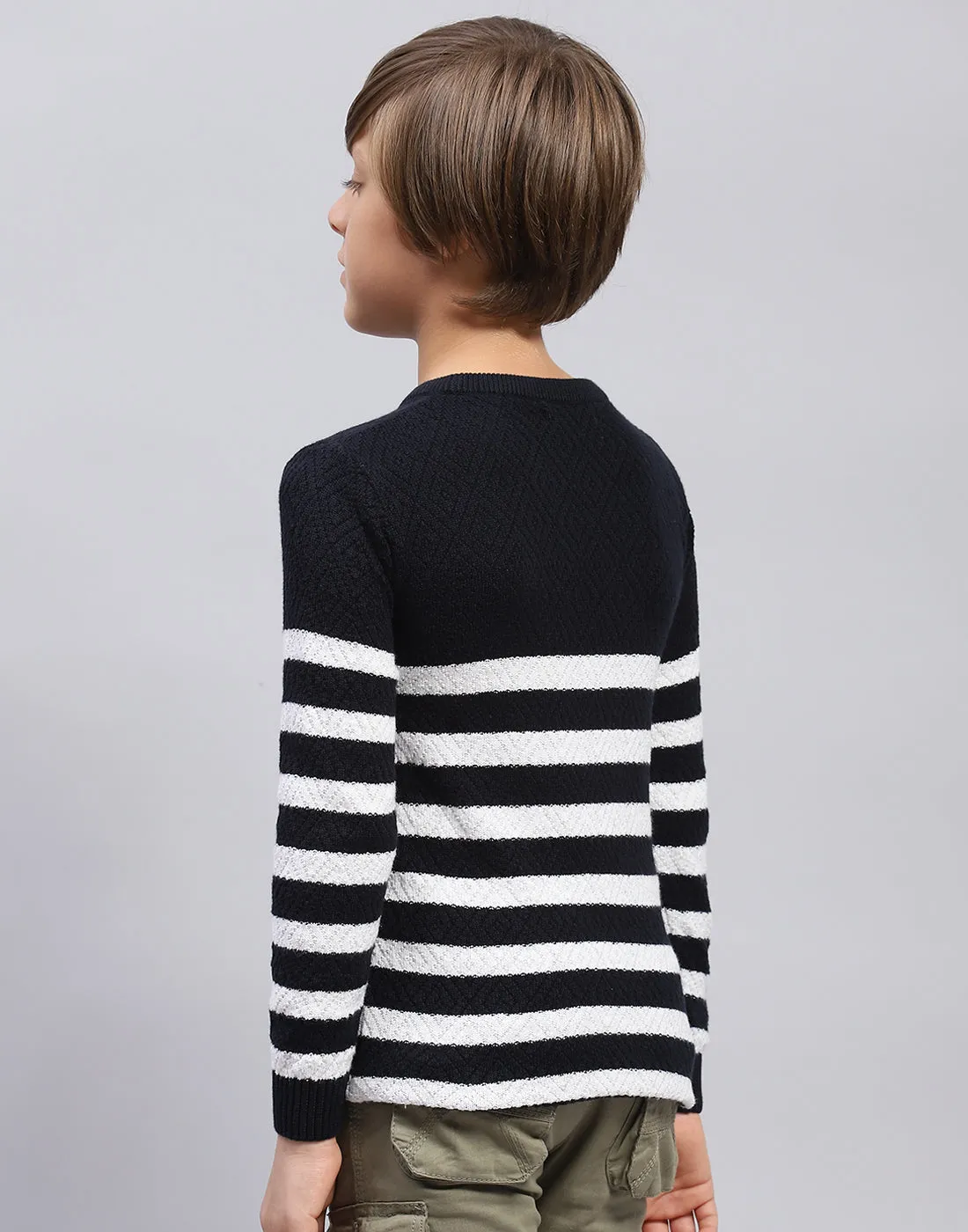 Boys Navy Blue Stripe Round Neck Full Sleeve Pullover