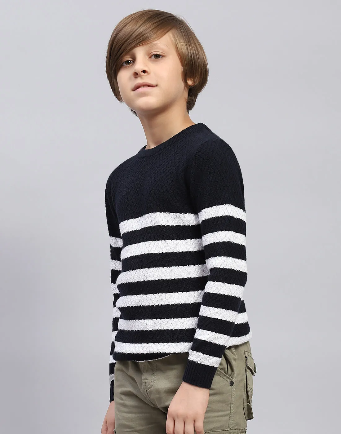 Boys Navy Blue Stripe Round Neck Full Sleeve Pullover