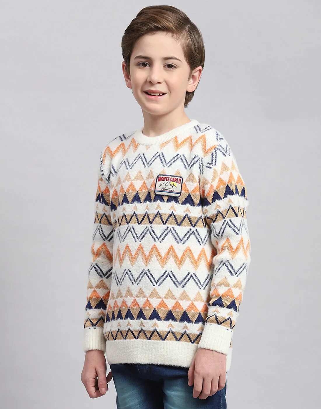 Boys Off White Self Design Round Neck Full Sleeve Sweater