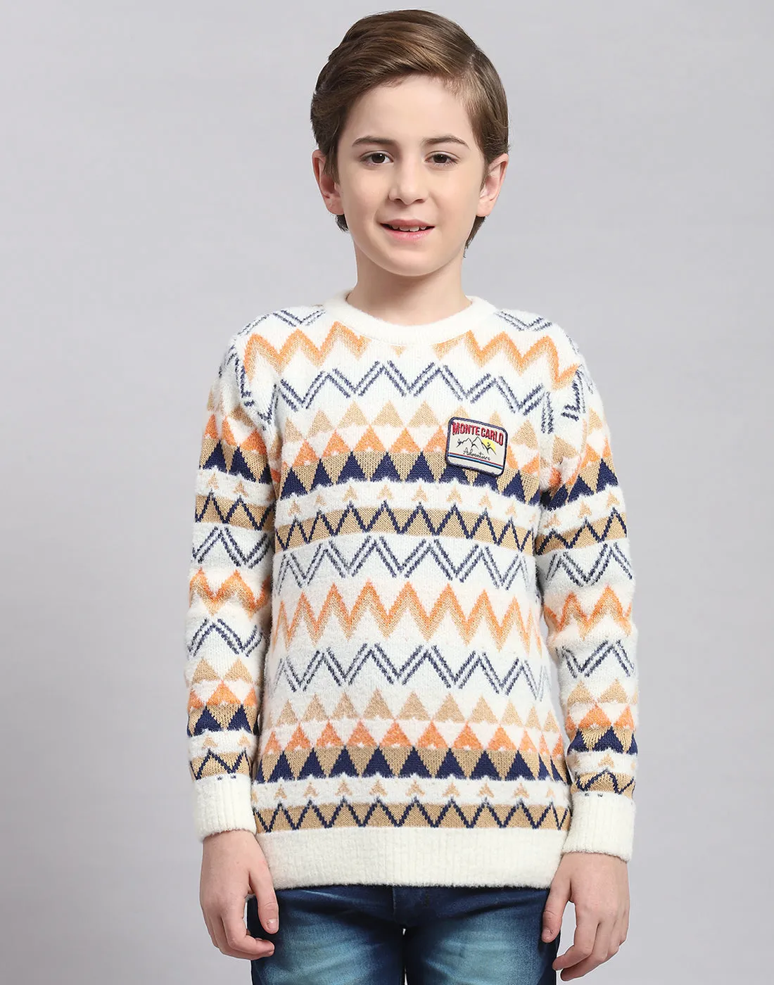 Boys Off White Self Design Round Neck Full Sleeve Sweater