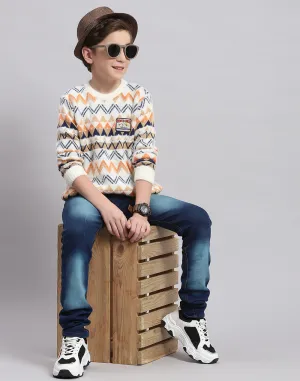 Boys Off White Self Design Round Neck Full Sleeve Sweater