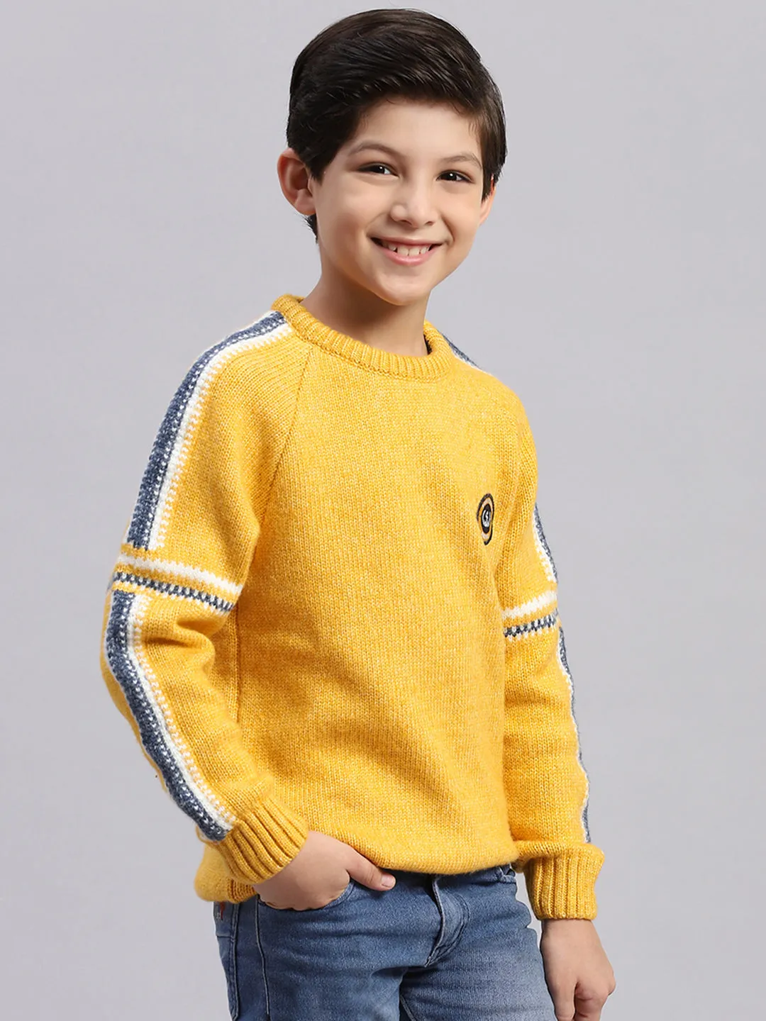 Boys Yellow Self Design Round Neck Full Sleeve Sweater