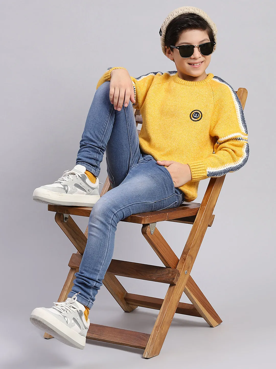 Boys Yellow Self Design Round Neck Full Sleeve Sweater