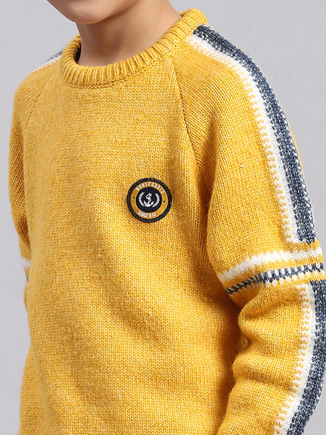 Boys Yellow Self Design Round Neck Full Sleeve Sweater