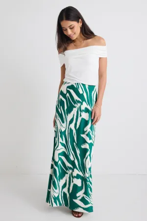 Breathe Green Zebra Satin Bias Maxi Skirt