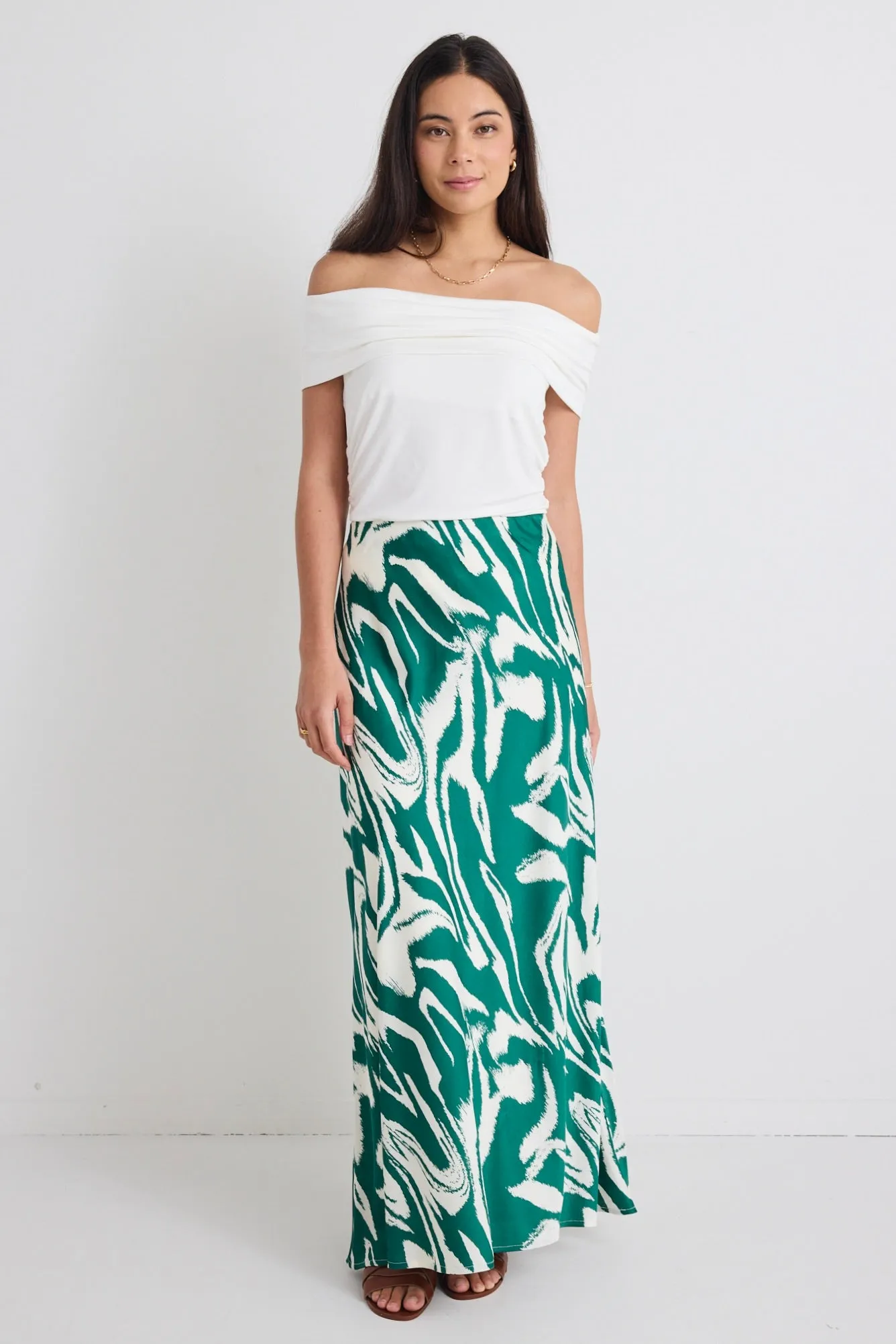 Breathe Green Zebra Satin Bias Maxi Skirt