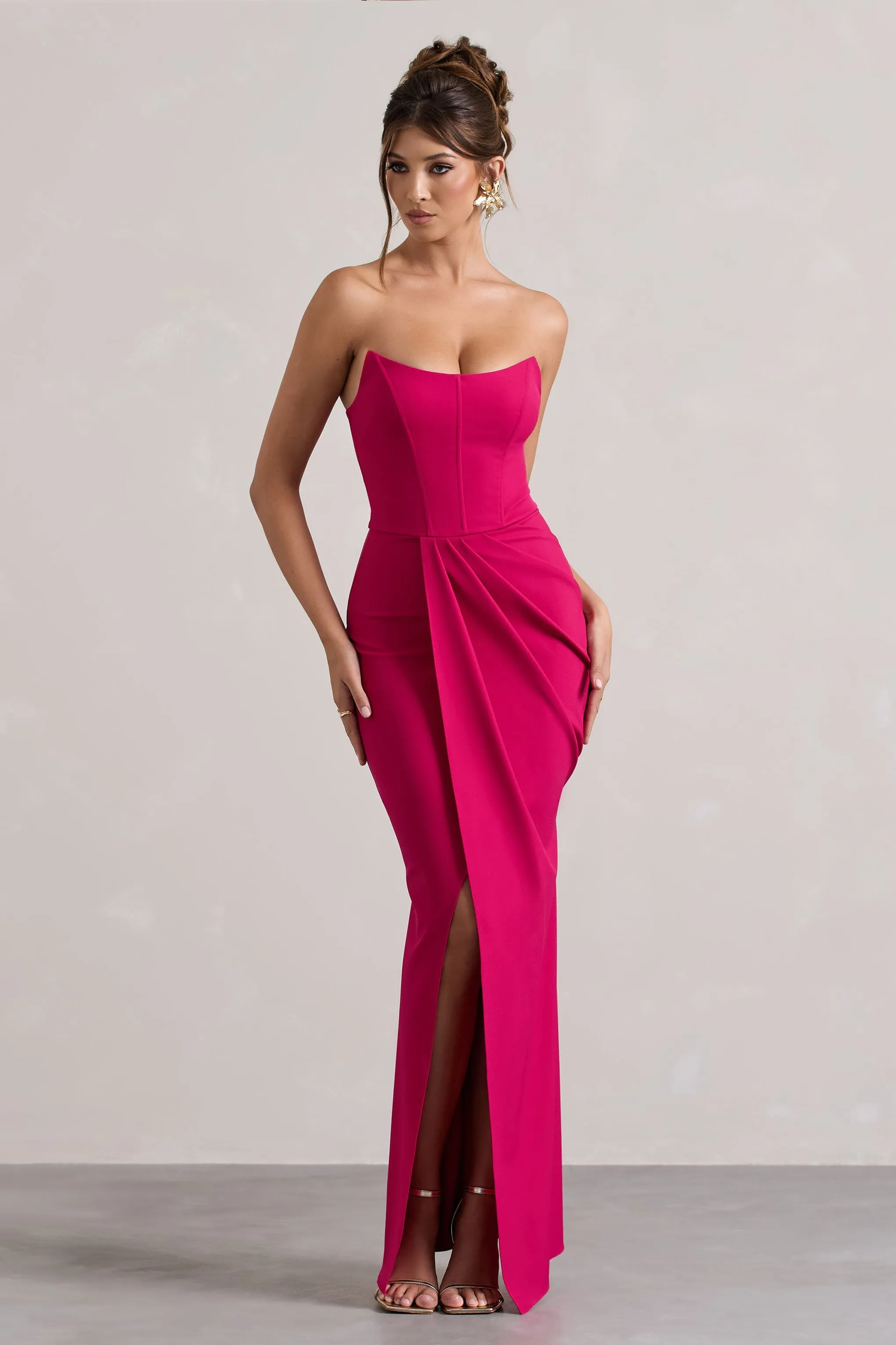 Brigitte | Hot Pink Strapless Corset Wrap Maxi Dress