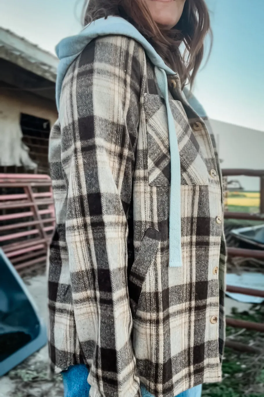 Brown and Tan Hooded Flannel Button Shacket