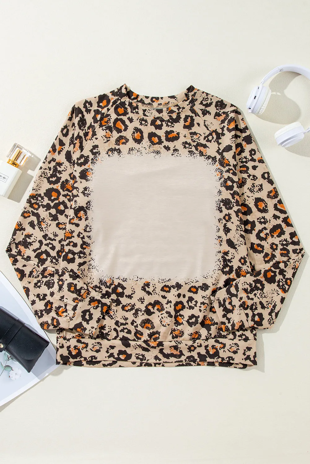 Brown Leopard Bleached Raglan Sleeve Pullover Sweatshirt