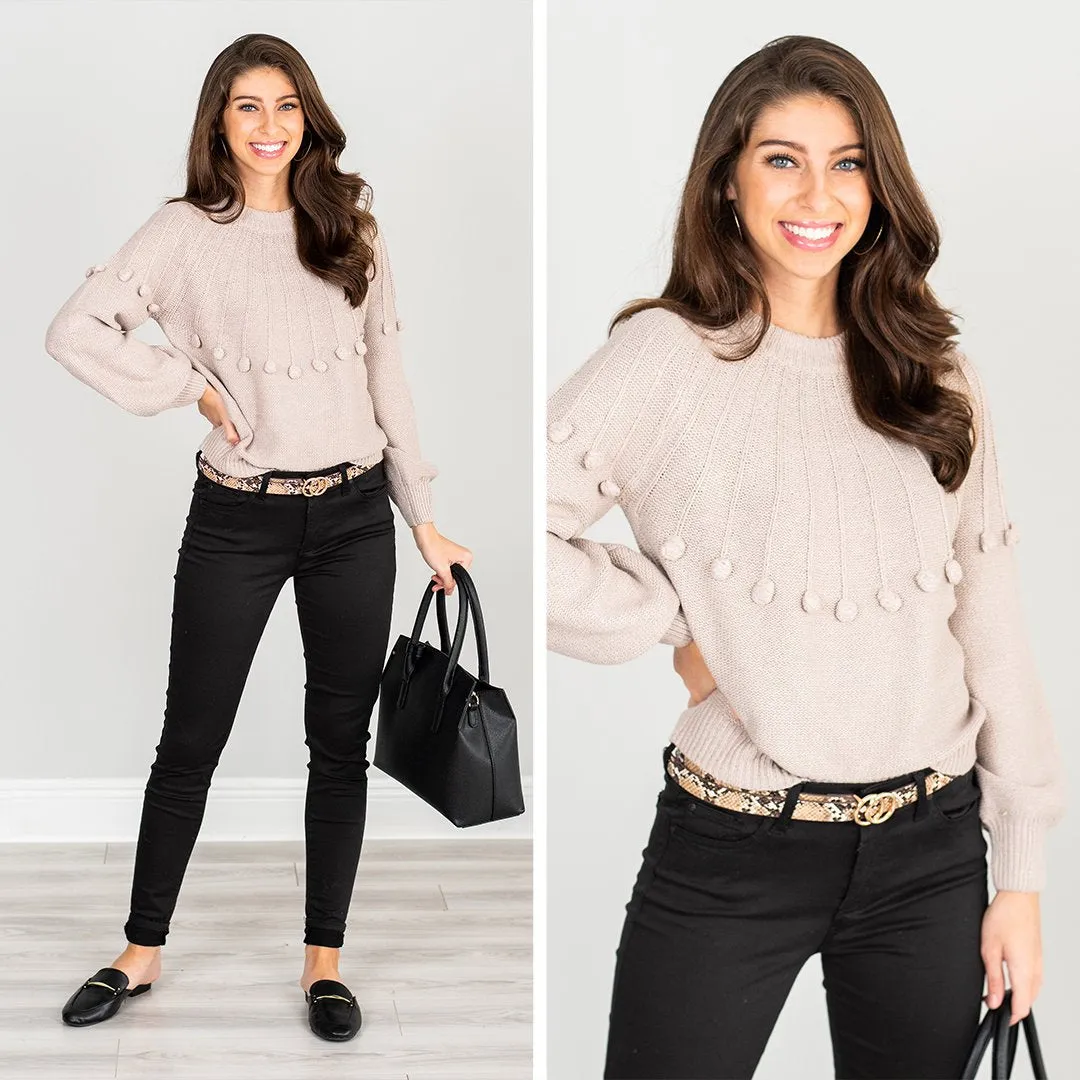 Burst Of Joy Light Mocha Brown Pompom Sweater