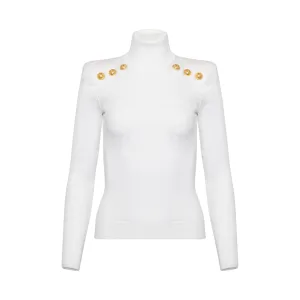 Button Turtleneck Sweater in White