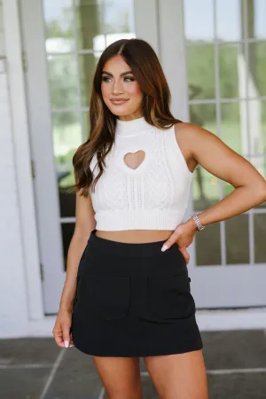 Cable Knit Heart Cropped Top- Cream