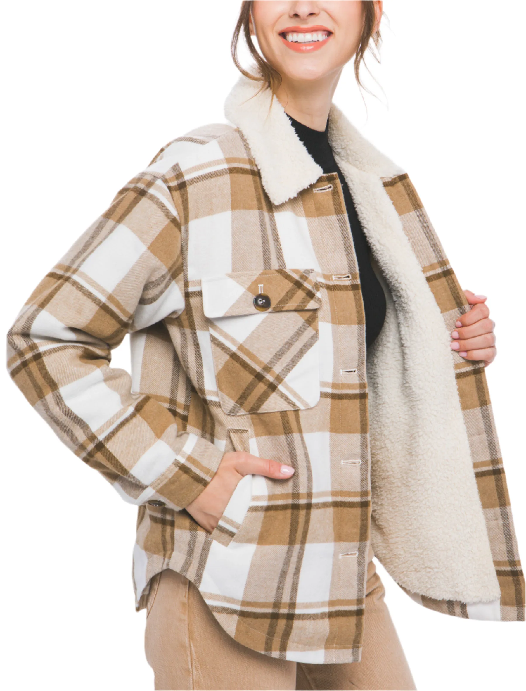 Camel Sherpa Collar Plaid Shacket