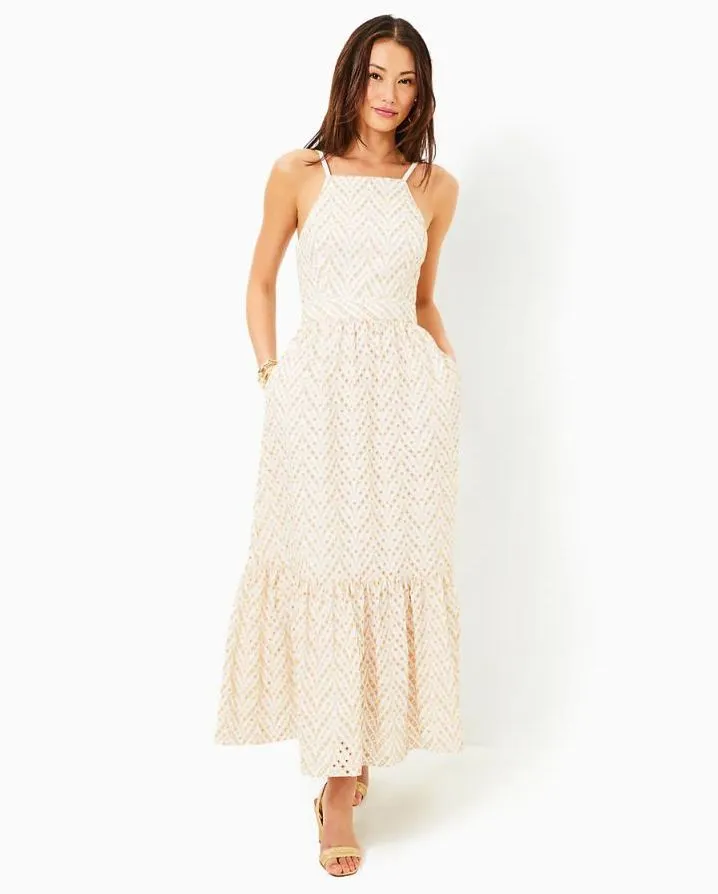 CHARLESE EYELET HALTER MAXI DRESS