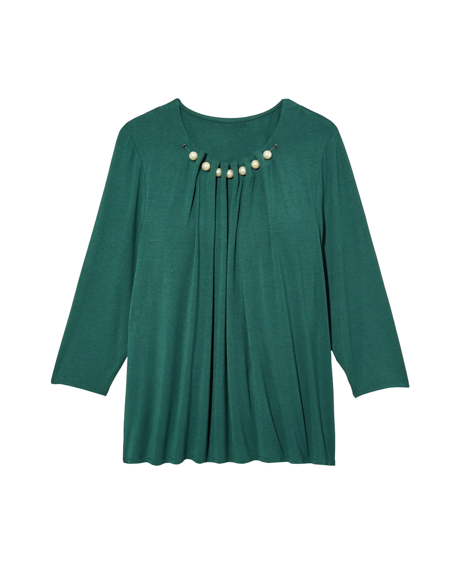 Chrissa 3/4 Sleeve Neck Pearl Gathered Tee | Forest Green