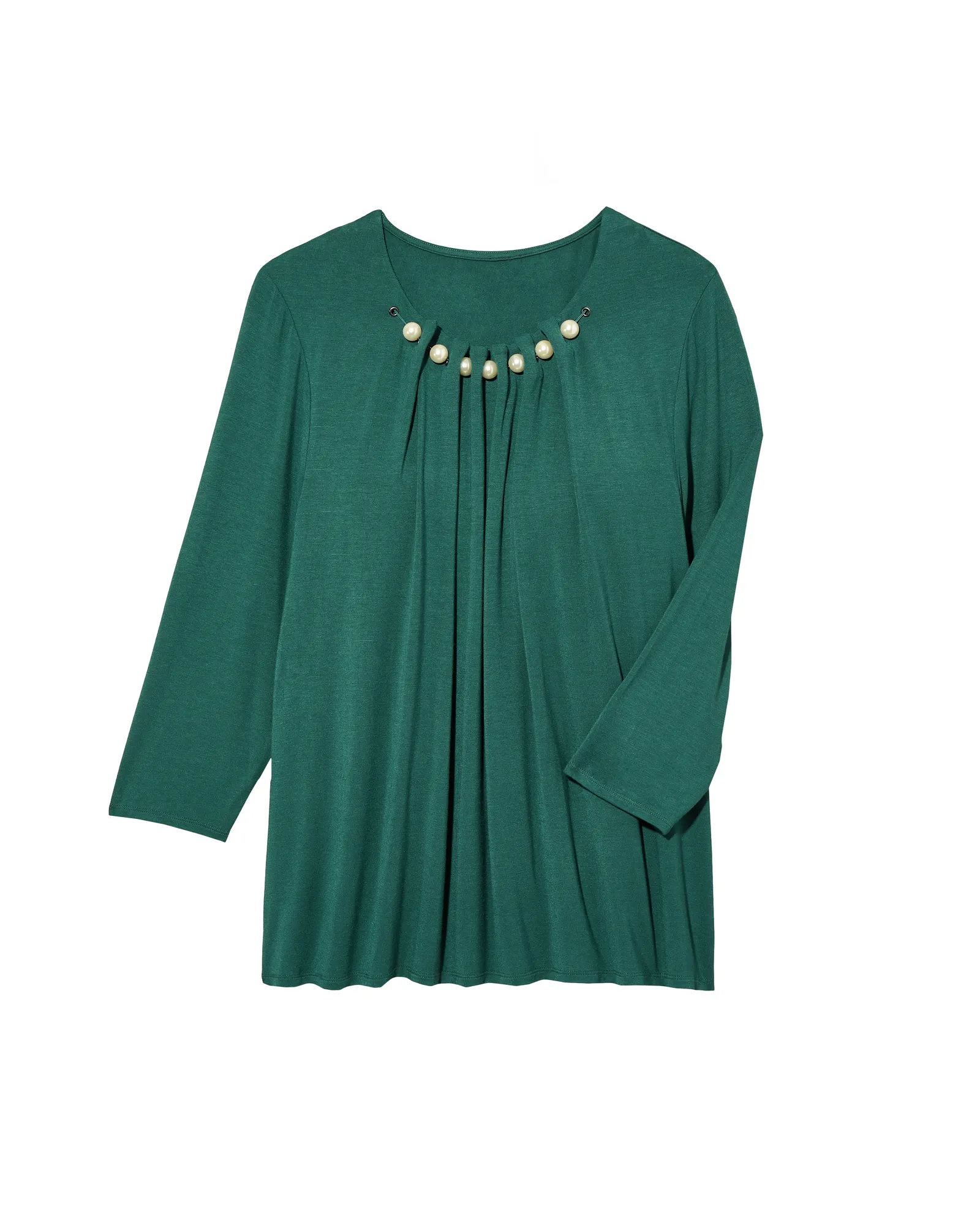 Chrissa 3/4 Sleeve Neck Pearl Gathered Tee | Forest Green