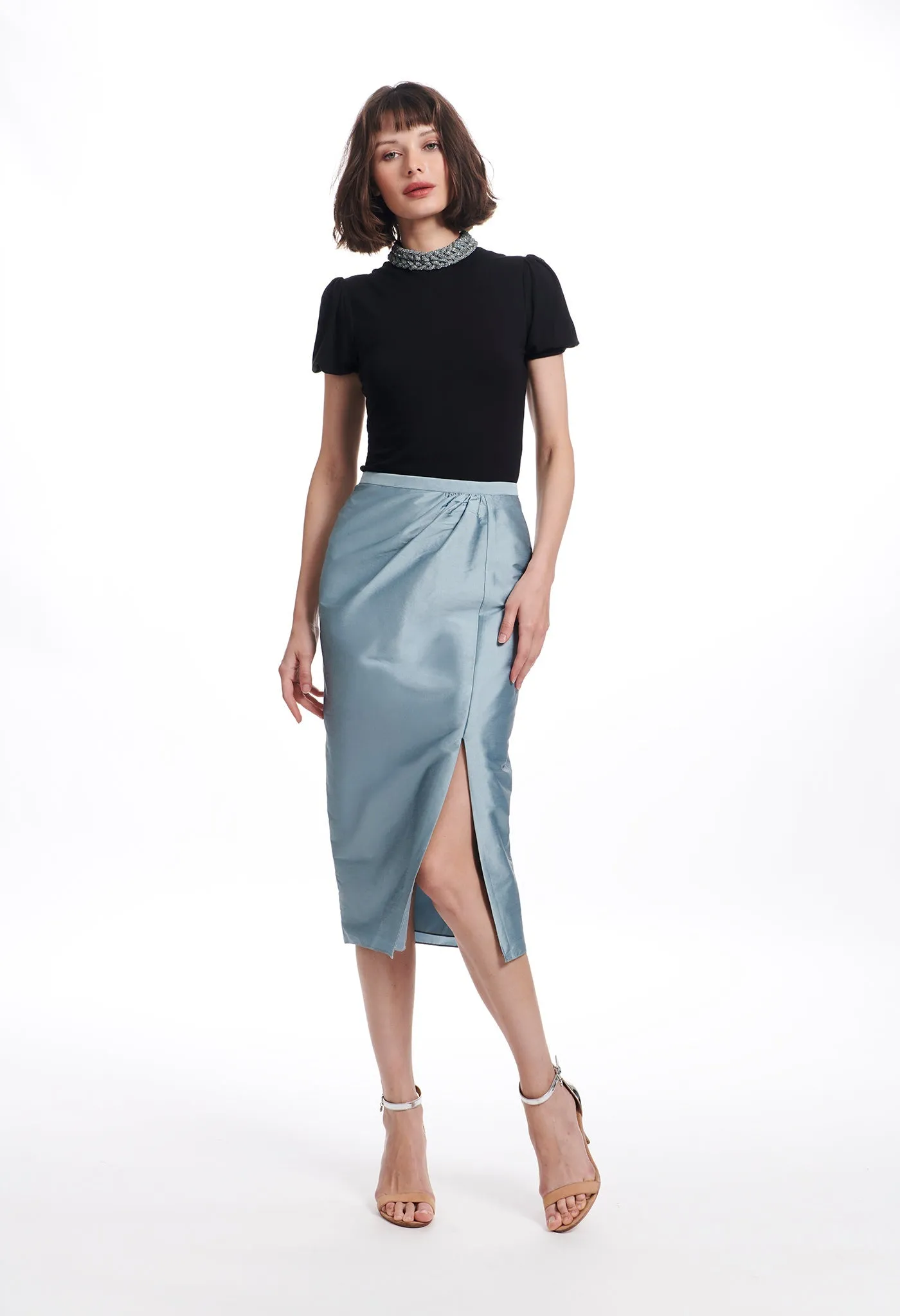 CLASSIC COLORS TAFFETA FAUX WRAP MIDI SKIRT