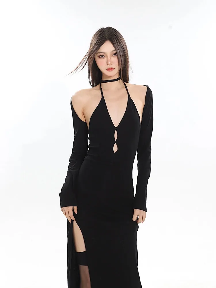 Cold Shoulder Keyhole Midi Dress with Side Slit